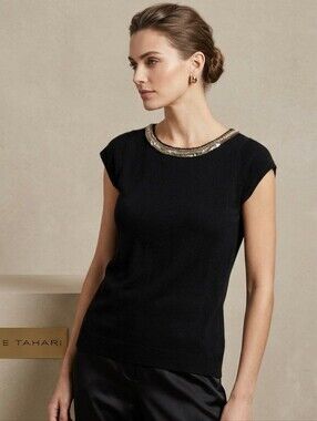 Elie Tahari Embellished Collar Black Cashmere Sweater Medium